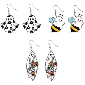 Halloween Ghost Earrings for Women Cute Cartoon Halloween Flower Pumpkin Bee Ghost Acrylic Earrings for Girls Halloween Themed Jewelry