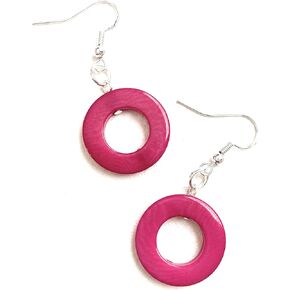 Tagua Earrings in Fuchsia Vegetable Ivory Dangle Earrings Tag215, Handmade Organic Earrings, 2 Rings Pink Earrings Tagua Earrings