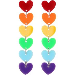 Rainbow Layered Double Heart Stud Earrings for Women,Long Drop Dangle Resin Acrylic Geometric Statement Earrings for Girls Wedding Jewelry Gifts