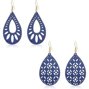 2 Pairs Handmade Lightweight Boho Natural Wooden Teardrop Shape Dangle Drop Earrings Sets for Women Girls Statement Geometry Hollow Wood Water drop Earrings Jewelry Gifts