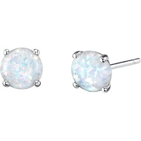 Peora Solid 14K White Gold Created Fire White Opal Stud Earrings for Women, Classic Solitaire Round Shape, 6mm, 1 Carat total, Friction Back