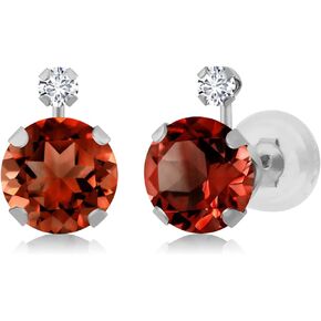 Gem Stone King 14K White Gold Round Red Garnet and White Diamond Earrings (2.07 Cttw, Gemstone Birthstone, Round 6MM)