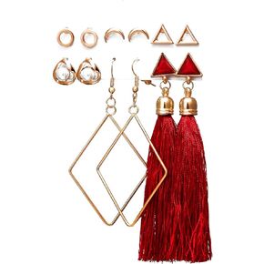 Long Trendy Earrings Tassel Women's Fashion Earring Set Red Tassel Drop Fashion Women Jewelry Earrings (6 Pairs)