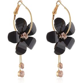 Acrylic Romantic Crystal Acrylic Rose Flower Earrings Exaggerated Sparkly Five Leaves Exaggerated Round Hoop long Tassel Earring for Women Girls