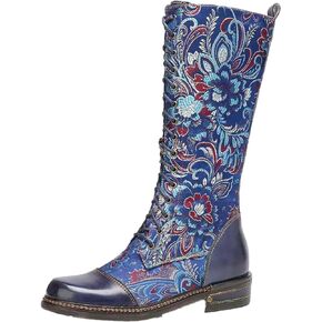 Traveltopp Women's Embroidered Lace up Knee High Cowgirl Boots Retro Ethnic Style Low Heel Mid Side Zipper Western Cowboy Mid Calf Boots