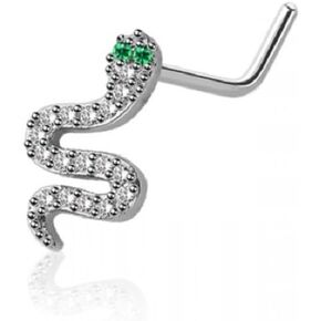 Pierced Owl 20GA 316L Stainless Steel CZ Crystal Snake with Green Eyes L-Bend Nose Stud