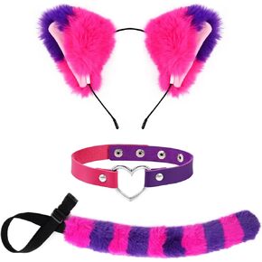 Pink and Purple Striped Cat Costume for Girls Women World Book Day Cosplay Accessories Include Cat Ears Furry Tail and PU Choker