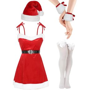 Christmas Women Christmas Lingerie Set of Christmas Dress with Belt and Cuffs Thigh High Stockings Santa Hat in Saudi Arabia
