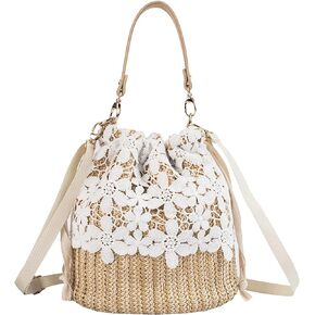Straw Shoulder Bag Women Drawstring Lace Woven Travel Handbag Rattan Bucket Summer Beach Hobo Bag Crossbody Tote Purse