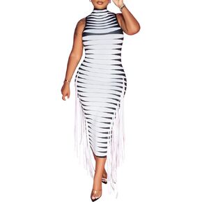 Hotheart Womens Sexy Sleeveless Striped Print Tassel Slim Bodycon Dress Nightclub Clubwear Dress