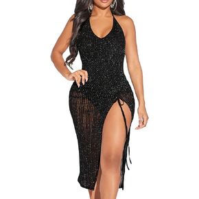 WDIRARA Women's Sequin Glitter Halter Knot Side Contrast Mesh Backless Party Bodycon Midi Dresses