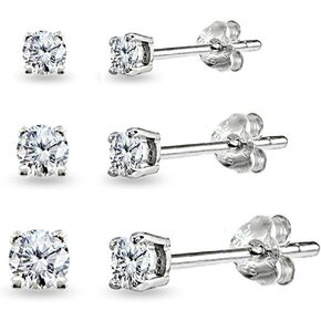 Sterling Silver Stud Earrings for Women Cubic Zirconia Round 3mm 4mm 5mm CZ Stud Earring for Men Girls Boys, 3 Pair Set