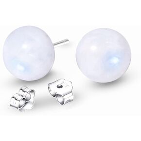 Moonstone Earrings, 8mm Aquamarine Moonstone Earrings for Women, Genuine Gemstone Stud Earrings for Ladies Girls, 925 Sterling Silver Earrings Jewelry Gifts for Valentine Mother lover