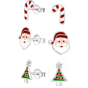 SAE99 Christmas Set .925 Sterling-Silver Tiny Stud Earrings, Holiday Collection (Hypoallergenic) (3 Pairs)