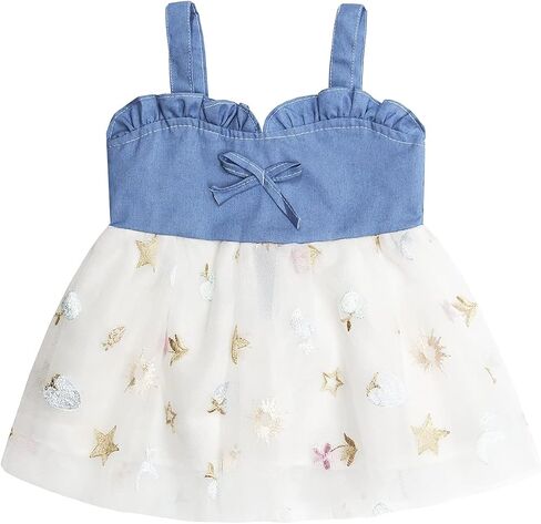 KIDSCOOL SPACE Baby Girls Overalls Jean Dress, Flower Embroidered Double Color Spliced Tulle Skirts in Saudi Arabia