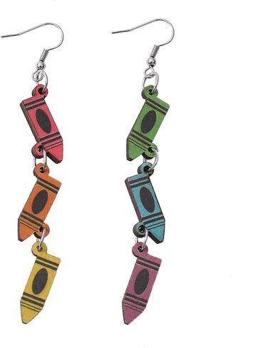 Wooden Colorful Crayon Pendant Earrings Funny Crayon Box Pencil Scissors Dangle Earrings For Teachers Students Jewelry Gifts in Saudi Arabia
