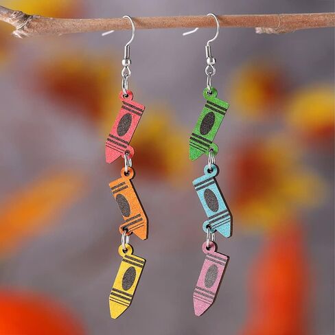 Wooden Colorful Crayon Pendant Earrings Funny Crayon Box Pencil Scissors Dangle Earrings For Teachers Students Jewelry Gifts in Saudi Arabia