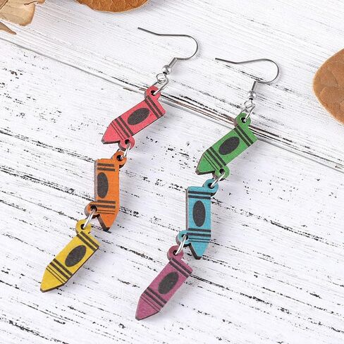 Wooden Colorful Crayon Pendant Earrings Funny Crayon Box Pencil Scissors Dangle Earrings For Teachers Students Jewelry Gifts in Saudi Arabia