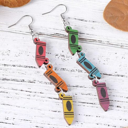 Wooden Colorful Crayon Pendant Earrings Funny Crayon Box Pencil Scissors Dangle Earrings For Teachers Students Jewelry Gifts in Saudi Arabia