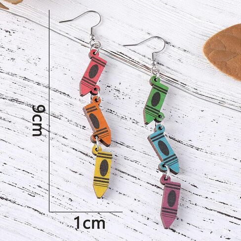 Wooden Colorful Crayon Pendant Earrings Funny Crayon Box Pencil Scissors Dangle Earrings For Teachers Students Jewelry Gifts in Saudi Arabia