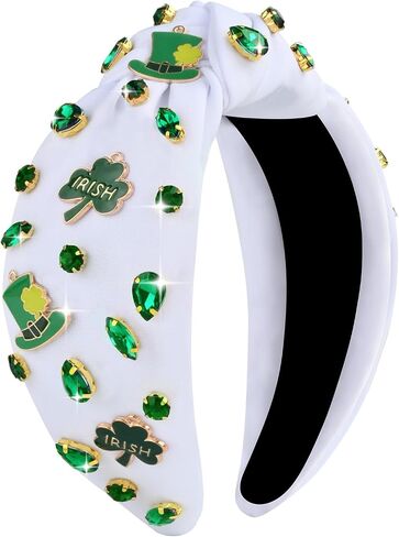 St.Patrick's Day Headbands for Women Green Rhinestone Beaded Top Knot Headband Irish Lucky Shamrock Jeweled Knotted Headband St Patricks Day Hairband Accessories Gifts (White-A) in Saudi Arabia