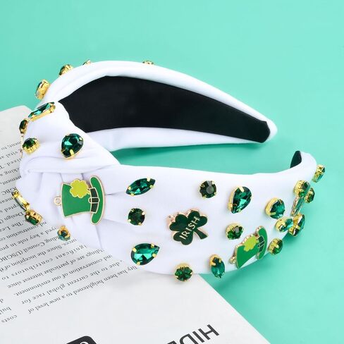 St.Patrick's Day Headbands for Women Green Rhinestone Beaded Top Knot Headband Irish Lucky Shamrock Jeweled Knotted Headband St Patricks Day Hairband Accessories Gifts (White-A) in Saudi Arabia