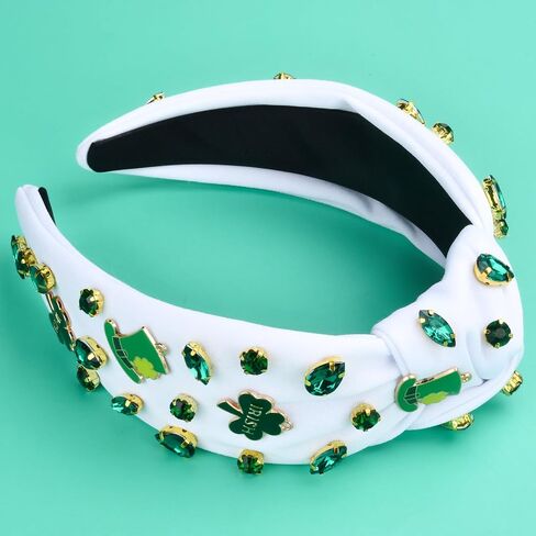 St.Patrick's Day Headbands for Women Green Rhinestone Beaded Top Knot Headband Irish Lucky Shamrock Jeweled Knotted Headband St Patricks Day Hairband Accessories Gifts (White-A) in Saudi Arabia
