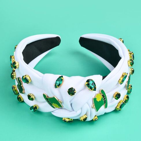 St.Patrick's Day Headbands for Women Green Rhinestone Beaded Top Knot Headband Irish Lucky Shamrock Jeweled Knotted Headband St Patricks Day Hairband Accessories Gifts (White-A) in Saudi Arabia