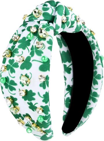 St.Patrick's Day Headbands for Women Green Rhinestone Beaded Top Knot Headband Irish Lucky Shamrock Jeweled Knotted Headband St Patricks Day Hairband Accessories Gifts (White-A) in Saudi Arabia
