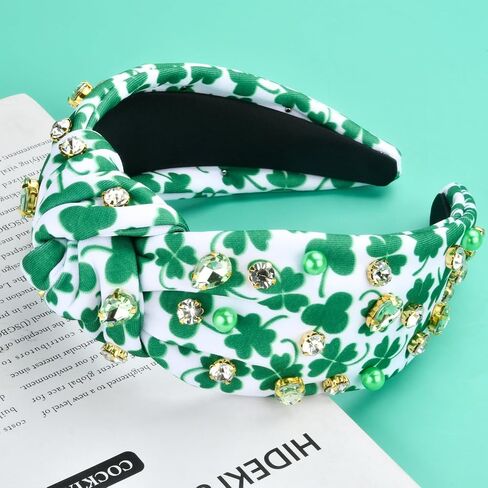 St.Patrick's Day Headbands for Women Green Rhinestone Beaded Top Knot Headband Irish Lucky Shamrock Jeweled Knotted Headband St Patricks Day Hairband Accessories Gifts (White-A) in Saudi Arabia
