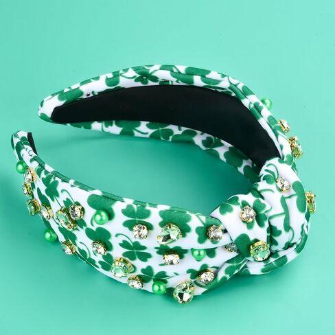 St.Patrick's Day Headbands for Women Green Rhinestone Beaded Top Knot Headband Irish Lucky Shamrock Jeweled Knotted Headband St Patricks Day Hairband Accessories Gifts (White-A) in Saudi Arabia