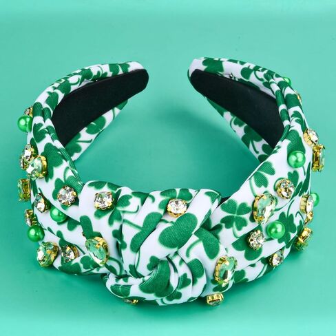 St.Patrick's Day Headbands for Women Green Rhinestone Beaded Top Knot Headband Irish Lucky Shamrock Jeweled Knotted Headband St Patricks Day Hairband Accessories Gifts (White-A) in Saudi Arabia