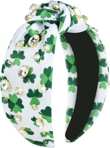 St.Patrick's Day Headbands for Women Green Rhinestone Beaded Top Knot Headband Irish Lucky Shamrock Jeweled Knotted Headband St Patricks Day Hairband Accessories Gifts (White-A) in Kuwait
