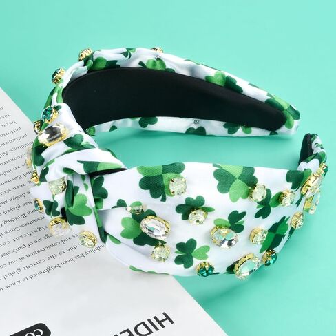 St.Patrick's Day Headbands for Women Green Rhinestone Beaded Top Knot Headband Irish Lucky Shamrock Jeweled Knotted Headband St Patricks Day Hairband Accessories Gifts (White-A) in Kuwait