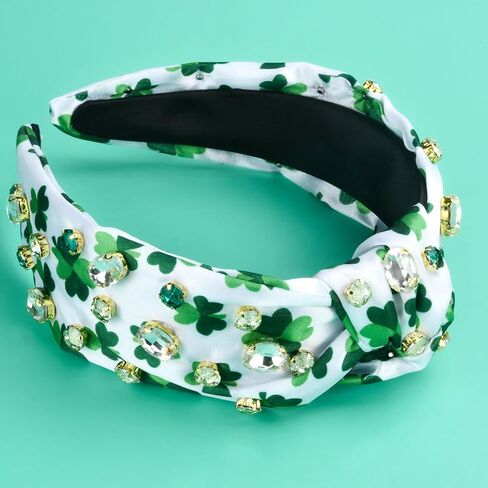 St.Patrick's Day Headbands for Women Green Rhinestone Beaded Top Knot Headband Irish Lucky Shamrock Jeweled Knotted Headband St Patricks Day Hairband Accessories Gifts (White-A) in Kuwait