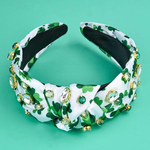 St.Patrick's Day Headbands for Women Green Rhinestone Beaded Top Knot Headband Irish Lucky Shamrock Jeweled Knotted Headband St Patricks Day Hairband Accessories Gifts (White-A) in Kuwait