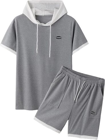 GORGLITTER Men's 2 Piece Colorblock Tracksuit Short Sleeve Hooded Tee and Drawstring Waist Shorts Set with Pockets in Saudi Arabia