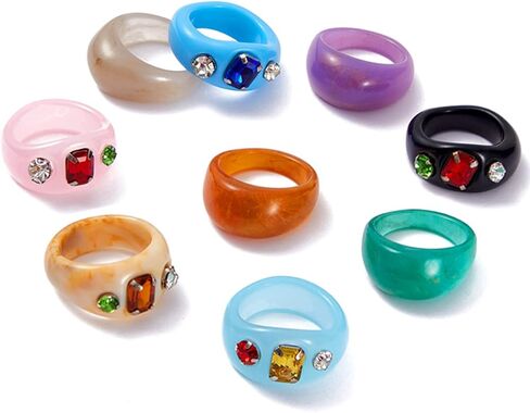 MOROYA 13 قطعة من خواتم الراتنج الملونة من الأكريليك للنساء من الراتنج الماسي مجموعة خواتم مكتنزة من البلاستيك الشفاف الملون (مقاس 6-7)... in Kuwait