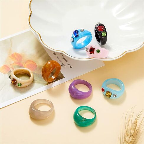 MOROYA 13 قطعة من خواتم الراتنج الملونة من الأكريليك للنساء من الراتنج الماسي مجموعة خواتم مكتنزة من البلاستيك الشفاف الملون (مقاس 6-7)... in Kuwait