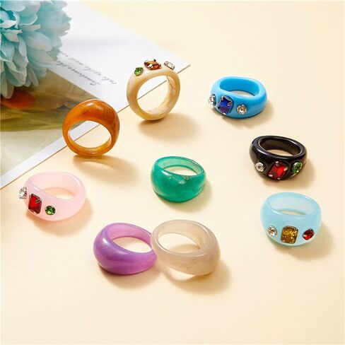 MOROYA 13 قطعة من خواتم الراتنج الملونة من الأكريليك للنساء من الراتنج الماسي مجموعة خواتم مكتنزة من البلاستيك الشفاف الملون (مقاس 6-7)... in Kuwait
