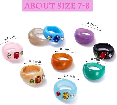 MOROYA 13 قطعة من خواتم الراتنج الملونة من الأكريليك للنساء من الراتنج الماسي مجموعة خواتم مكتنزة من البلاستيك الشفاف الملون (مقاس 6-7)... in Kuwait