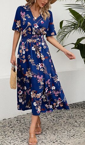 فستان Kormei نسائي قصير الأكمام ورقبة على شكل V بوهو مزين بالورود وخصر على شكل حرف a سوينغ صيفي وحفلات الشاطئ طويل ماكسي in Kuwait