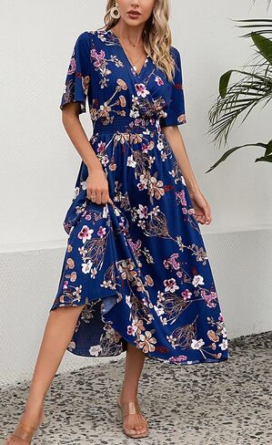 فستان Kormei نسائي قصير الأكمام ورقبة على شكل V بوهو مزين بالورود وخصر على شكل حرف a سوينغ صيفي وحفلات الشاطئ طويل ماكسي in Kuwait