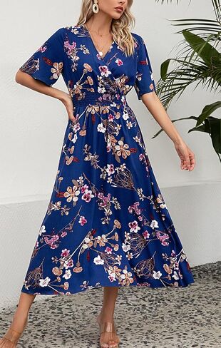 فستان Kormei نسائي قصير الأكمام ورقبة على شكل V بوهو مزين بالورود وخصر على شكل حرف a سوينغ صيفي وحفلات الشاطئ طويل ماكسي in Kuwait