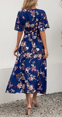 فستان Kormei نسائي قصير الأكمام ورقبة على شكل V بوهو مزين بالورود وخصر على شكل حرف a سوينغ صيفي وحفلات الشاطئ طويل ماكسي in Kuwait