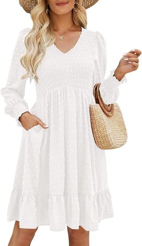 فستان نسائي مكشكش بأكمام طويلة ورقبة على شكل حرف V فساتين قصيرة من الشيفون مع جيوب in Kuwait