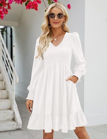 فستان نسائي مكشكش بأكمام طويلة ورقبة على شكل حرف V فساتين قصيرة من الشيفون مع جيوب in Kuwait