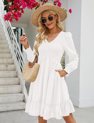 فستان نسائي مكشكش بأكمام طويلة ورقبة على شكل حرف V فساتين قصيرة من الشيفون مع جيوب in Kuwait