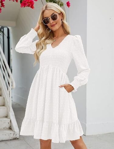 فستان نسائي مكشكش بأكمام طويلة ورقبة على شكل حرف V فساتين قصيرة من الشيفون مع جيوب in Kuwait