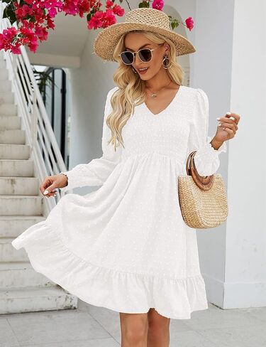 فستان نسائي مكشكش بأكمام طويلة ورقبة على شكل حرف V فساتين قصيرة من الشيفون مع جيوب in Kuwait